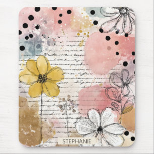Tapis De Souris Fleurs aquarelles vintage écriture à pois Art (4)