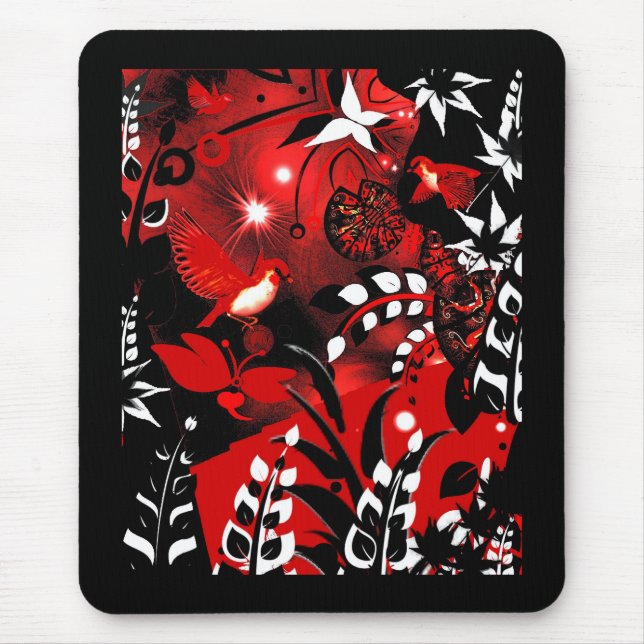 Tapis de souris Fleurs asiatiques Oiseaux rouges (Devant)