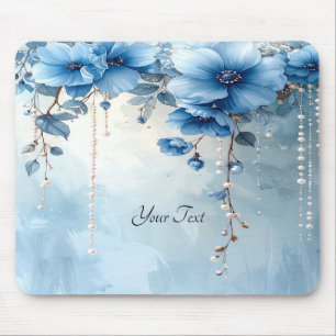 Tapis de souris Fleurs bleues et perles