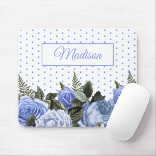 Tapis De Souris Fleurs bleues Feuilles verts Monogramme Polka blan