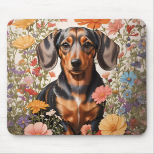 Tapis De Souris Fleurs Brown De Dachshund Et Cosmos