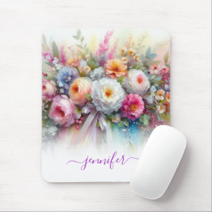 Tapis De Souris Fleurs d'aquarelle élégantes Nom de script Vertica