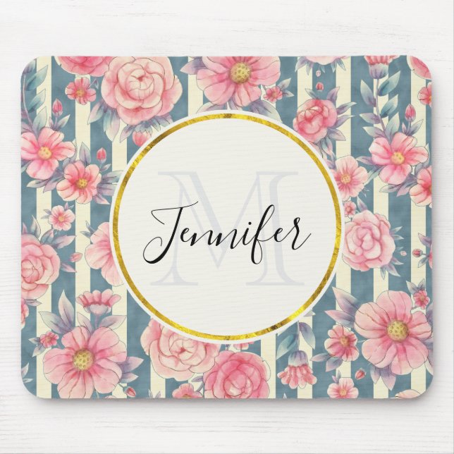Tapis De Souris Fleurs d'aquarelle rose sur bandes Mousepad (Devant)