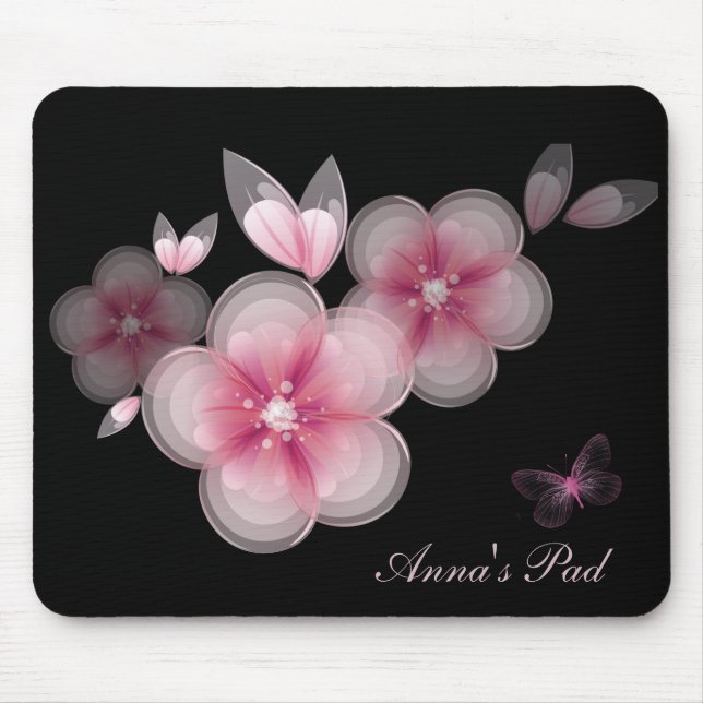 Tapis De Souris Fleurs de cerise rose avec papillon sur le noir (Devant)