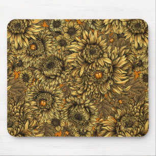 Tapis De Souris Fleurs de chrysanthème jaunes et coléoptères orang