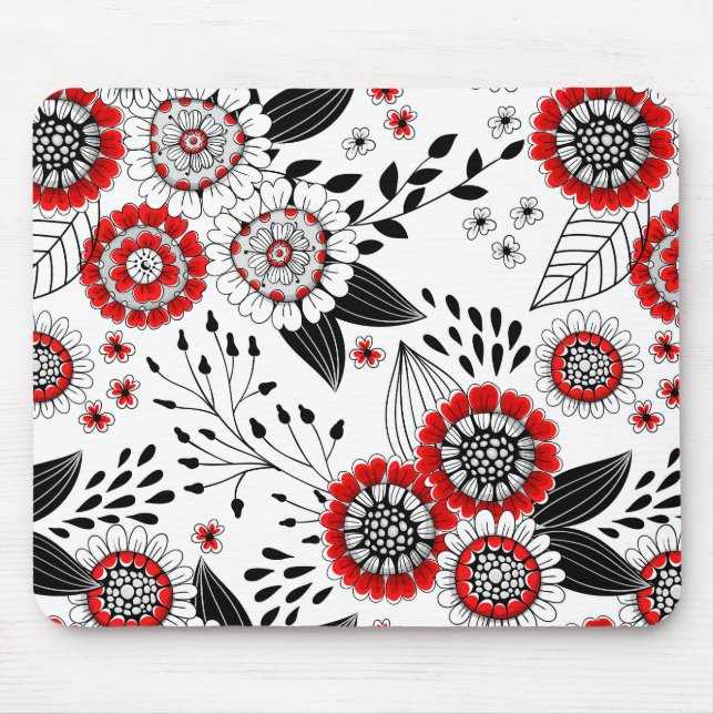 Tapis De Souris Fleurs de gribouillis et feuilles en rouge et noir (Devant)
