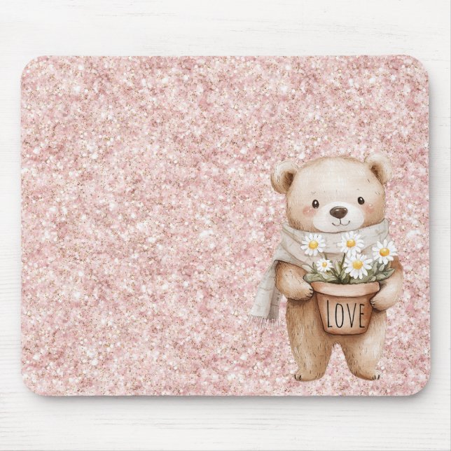 Tapis De Souris Fleurs de pâquerette d'ours doux pailleté rose (Devant)