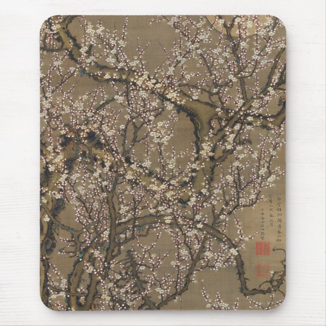 Tapis De Souris Fleurs de prunes blanches et lune par Ito Jakuchu (Devant)