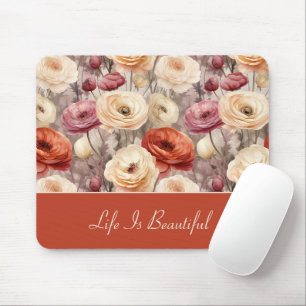 Tapis De Souris Fleurs de Ranunculus Crème Rose Rouge