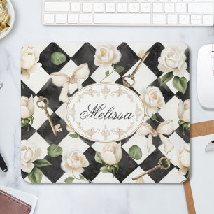 Tapis De Souris Fleurs de rose vintage monogramme diamant noir bla