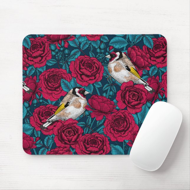 Tapis De Souris Fleurs de roses rouges et oiseaux d'or (Avec souris)