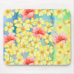 Tapis De Souris Fleurs d'Hibiscus vert vert vert d'Aqua jaune rose