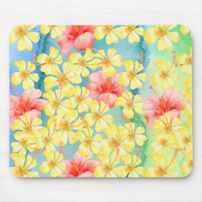 Tapis De Souris Fleurs d'Hibiscus vert vert vert d'Aqua jaune rose (Devant)