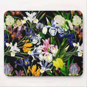 Tapis De Souris Fleurs d'Iris victoriennes colorées sur Motif noir