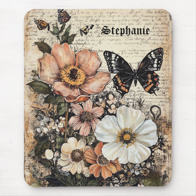 Tapis De Souris Fleurs et papillons rustiques - Papier vieilli (14 (Devant)