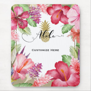 Tapis De Souris Fleurs Exotiques Tropicales & Ananas Doré Aloha