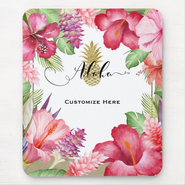 Tapis De Souris Fleurs exotiques tropicales et ananas d'or Aloha (Devant)