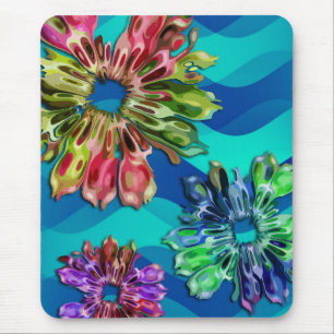 Tapis De Souris Fleurs fractales abstraites 2D   ondes bleues cyan