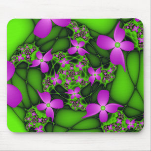 Tapis De Souris Fleurs fractales Abstraites de néon rose vert