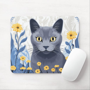 Tapis De Souris Fleurs Jaunes Chat Bleu Russe