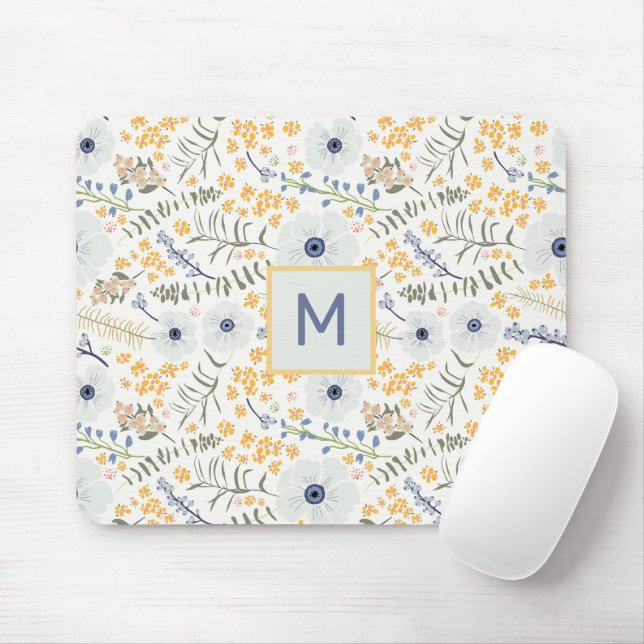Tapis De Souris Fleurs monogrammes Bleu Jaune Motif botanique (Avec souris)