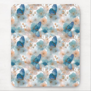 Tapis De Souris Fleurs printanières vintage & Papillon Bleu