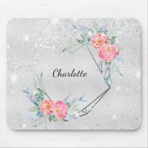 Tapis De Souris Fleurs roses argentées parties scintillant nom de 
