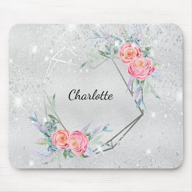 Tapis De Souris Fleurs roses argentées parties scintillant nom de  (Devant)