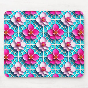 Tapis De Souris Fleurs roses sur un fond bleu géométrique