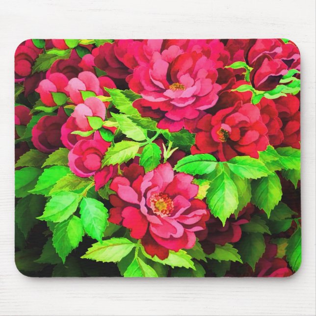 Tapis De Souris Fleurs rouges Peinture Feuille verte (Devant)