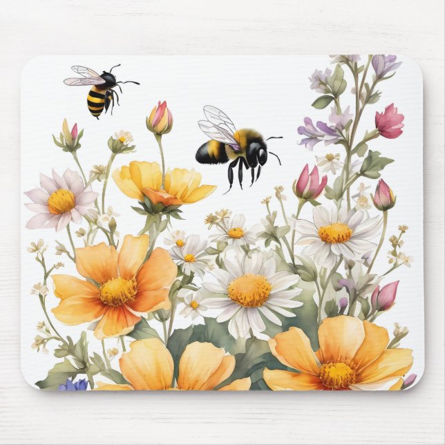 Tapis De Souris Fleurs sauvages et Abeilles de miel Aquarelle (Devant)