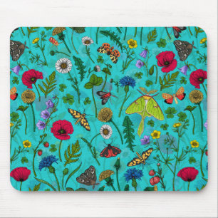 Tapis De Souris Fleurs sauvages et papillons de nuit sur turquoise