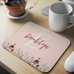 Tapis De Souris Fleurs sauvages rose poudré bordeaux blanc monogra