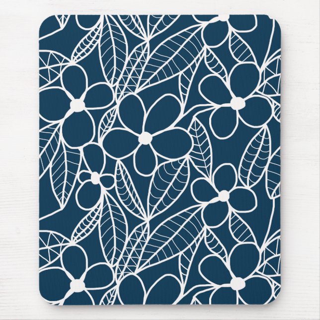 Tapis De Souris Fleurs tropicales bleu foncé et blanc (Devant)