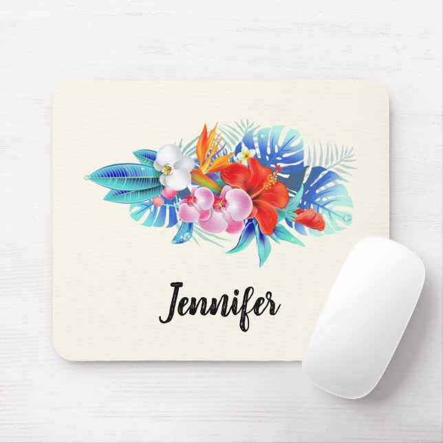 Tapis De Souris Fleurs tropicales exotiques - Rose & Aquamarine (Avec souris)