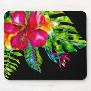 Tapis De Souris Fleurs tropicales lumineuses Hibiscus et feuilles