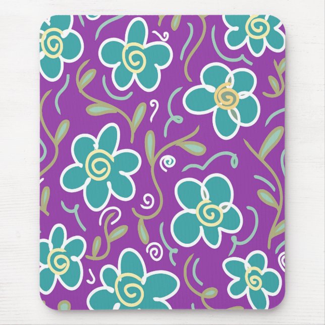 Tapis De Souris Fleurs vertes sur design pourpre (Devant)