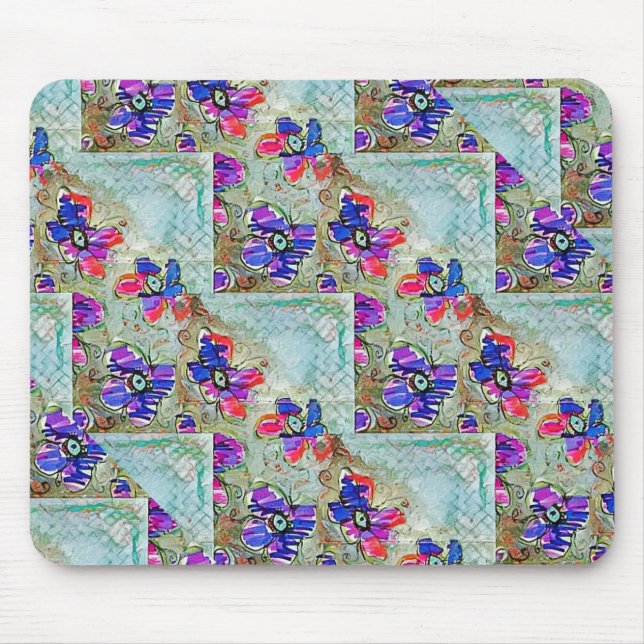 Tapis De Souris Fleurs violettes et bleues Carrés Zigzags (Devant)