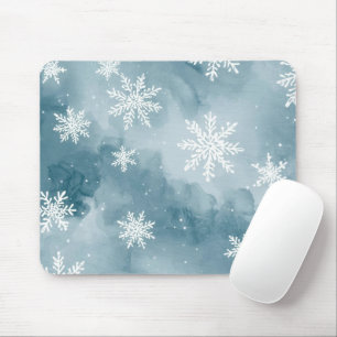Tapis De Souris Flocons de neige bleu pâle Aquarelle Hiver