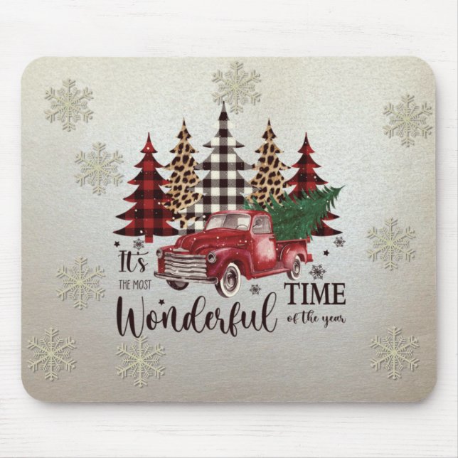 Tapis De Souris Flocons de neige, sapin camion rouge (Devant)