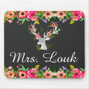 Tapis De Souris Floral Boho Deer Nom du monogramme Souris Pad