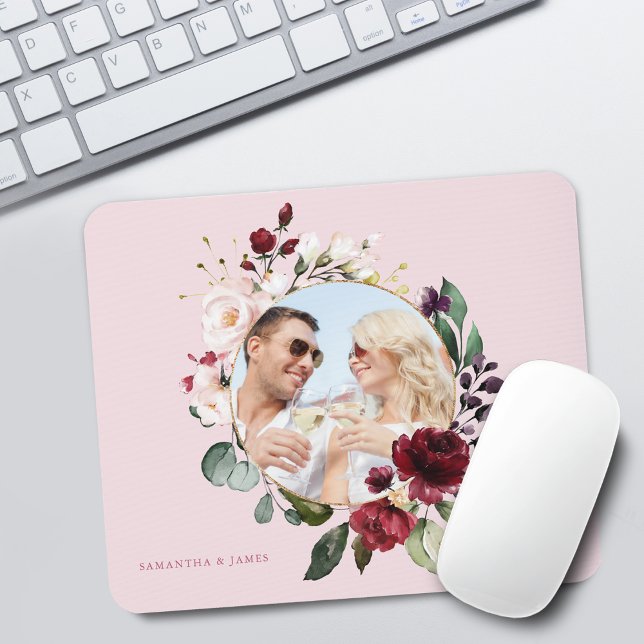 Tapis De Souris Floral Burgundy Pink Wreath Photo (Floral Burgundy Pink Wreath Photo Mouse Pad)