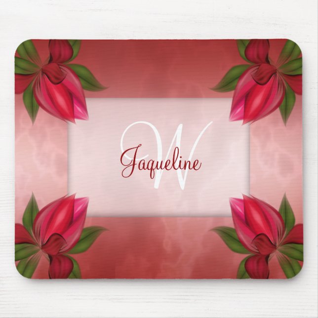 Tapis De Souris Floral de marbre rouge de monogramme (Devant)