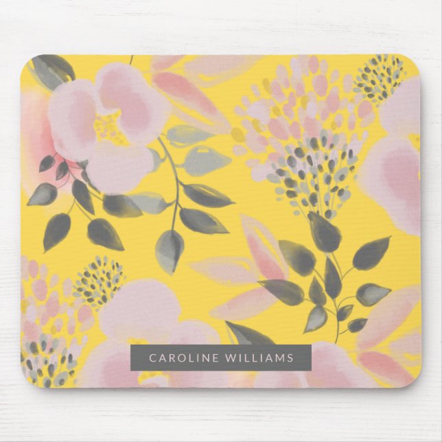 Tapis De Souris Floral gris rose féminin avec votre nom (Devant)
