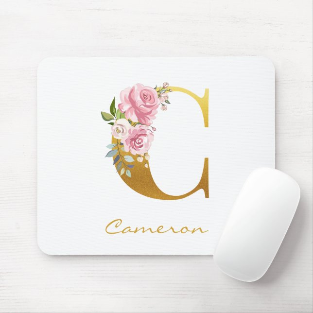 Tapis De Souris Floral Monogramme Faux Gold Nom Initial Personnali (Avec souris)
