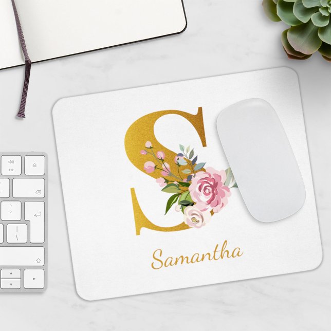 Tapis De Souris Floral Monogramme Faux Gold Nom Initial Personnali (Créateur téléchargé)