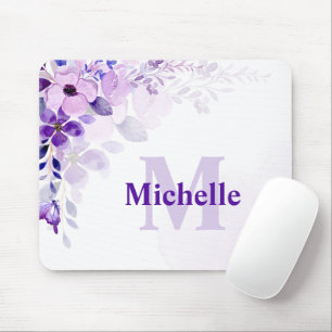 Tapis De Souris Floral pourpre personnalisé avec nom et monogramme