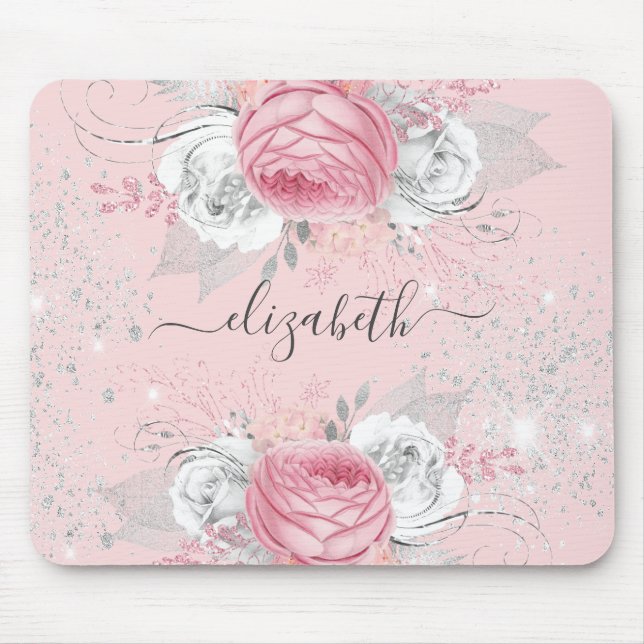 Tapis De Souris Floral rose rose argent feuillage monogramme éléga (Devant)