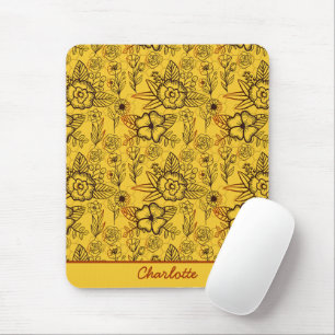 Tapis De Souris Floral sans couture motif jaune nom personnalisé