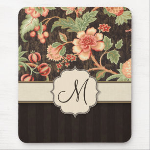 Tapis De Souris Flore Brown et de pêche rétro, rayures et monogram